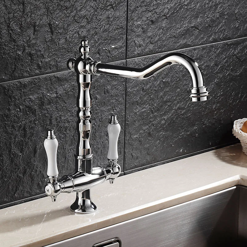 Vintage European Style Dual Handle Kitchen Sink Tap Brass Chrome Kitchen Sink Faucet 360 Rotatable Hot