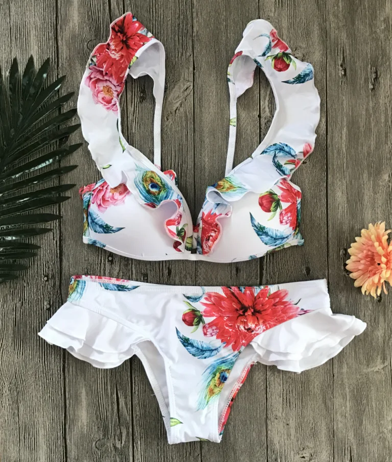 

Monokini Bandage Print Bikini Set Bathing Suit Women 2018 Ruffle Swimsuit Beach Wear Sexy Push Up Bikini Swim Suits Biquini BLG