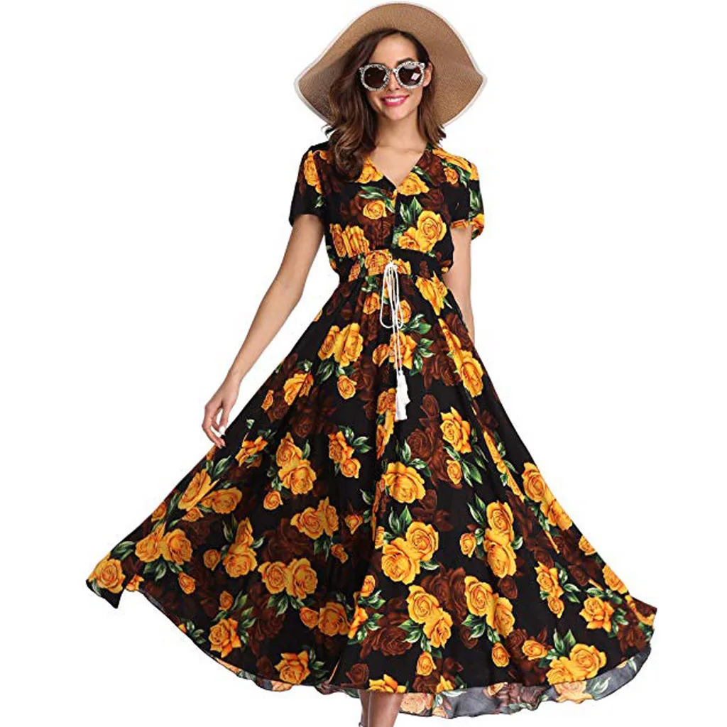 

Lady's Vintage Spring Summer Women's Floral Soft Elegant Maxi Dresses Boho Button Up Split Beach Party Dress