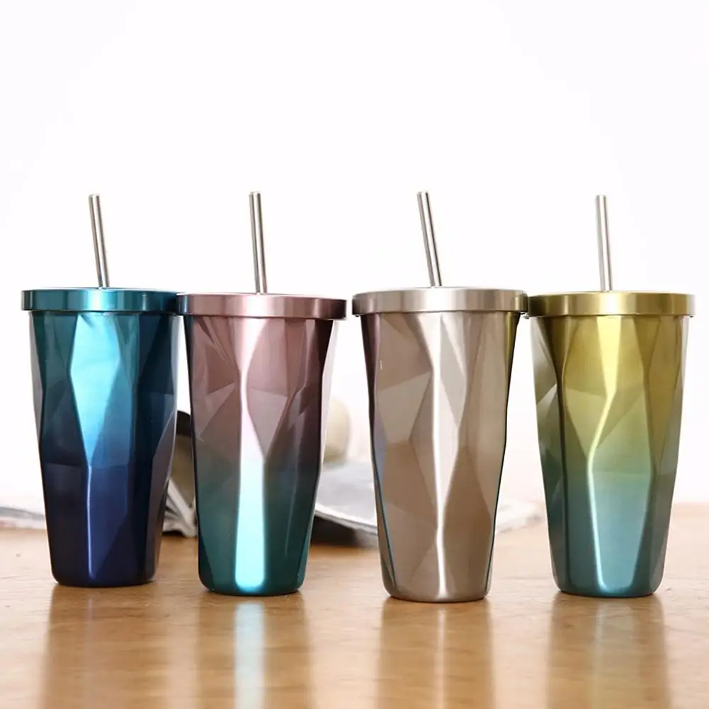 

500ML Rainbow Creative Irregular Cup For Household Double -layer Ice Cup Coffee Cup With Drinking Straw Stainless Steel