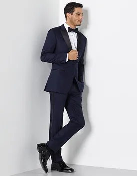 

2017 Original Style Midnight Blue Peak Lapel One Button Two Buttons Mens Formal Wear Groomsman Clothes(Jacket+Pant+Bow Tie)