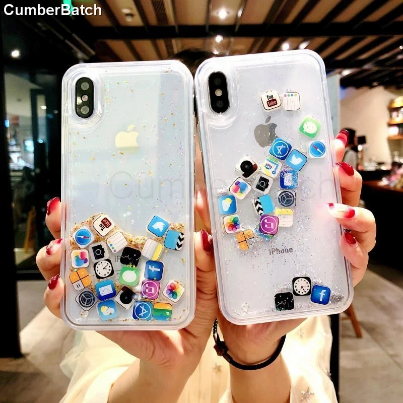 

Fashion Liquid Glitter Quicksand Case For iphone XS XR X 7 8 Cute Apps Icon Case For iphone X XS MAX 8 7 6S 6 S Plus Funda Case