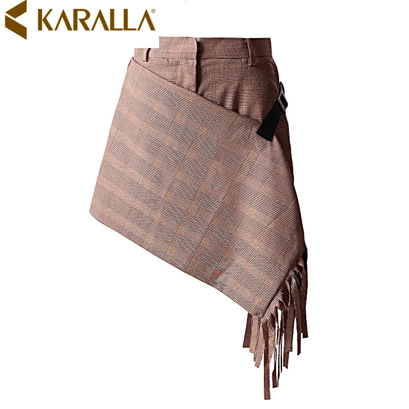 Low Inventory Karalla New Design Plaid Fringe Temperament Lady Patchwork Shorts Skirt Women's High Waist Tassel C1380 | Женская