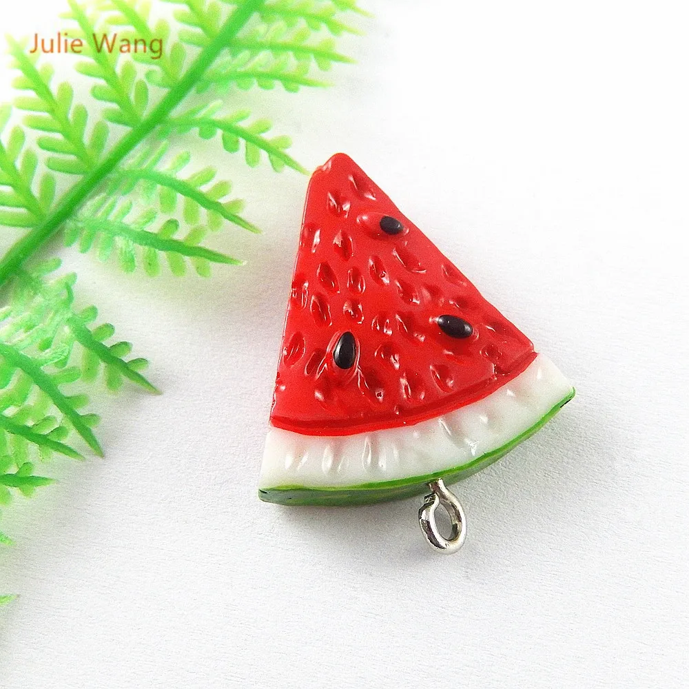 Julie Wang 5PCs  Mini Resin Charms Red Color Watermelon Shape Pendants Handmade Hanging Zipper Gift Bracelet Accessory