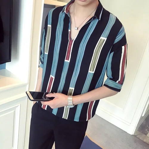 

LOLDEAL Summer Stripe Contrast Color Shirt Men Half Sleeve Casual V-neck Shirt Social Shirts Male Short Sleeve Loose Shirt