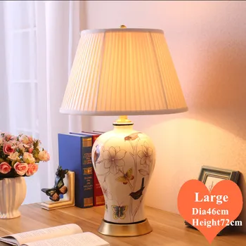 

European flower&bird white ceramic large Table Lamps Touch Switch fabric shade copper base E27 LED lamp for bedside&foyer MF073