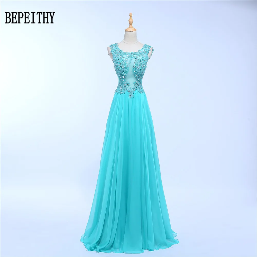 

BEPEITHY Vestido De Festa 2019 Elegant Long Evening Dress Scoop Tulle Sheer Back Sequins Appliques Evening Dress Robe De Soiree