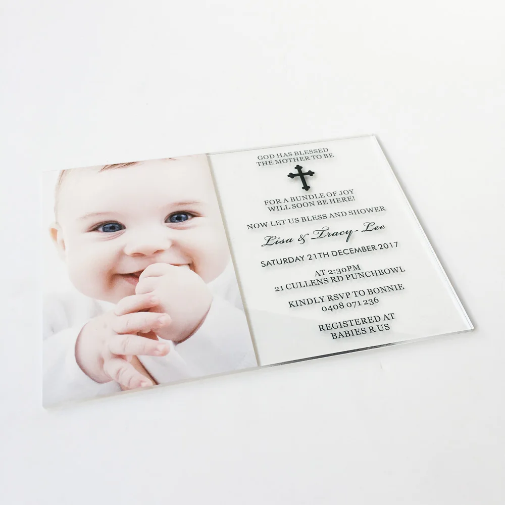 

Customized 50pcs per Lot 5x7inch UV printing photo Clear Acrylic Christening and Baptism Invitations