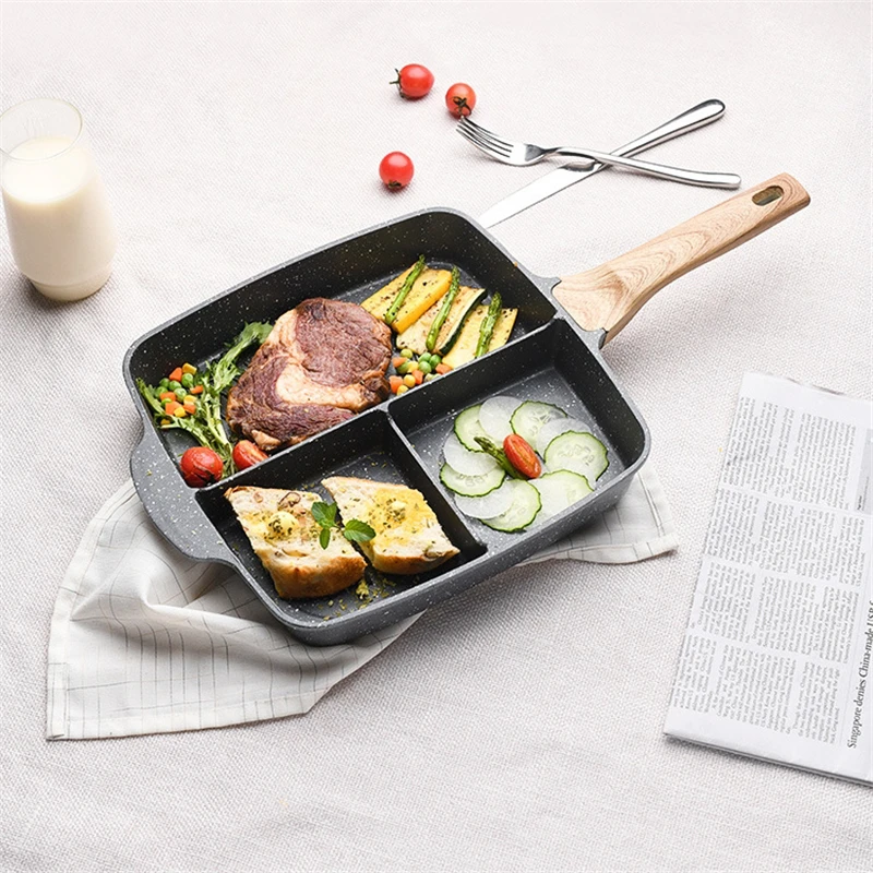 

28 cm Three-hole Steak Frying Pan Medical Stone Non-stick Detachable Multi-functional Omelette Pan Pan No Fume Breakfast Pot
