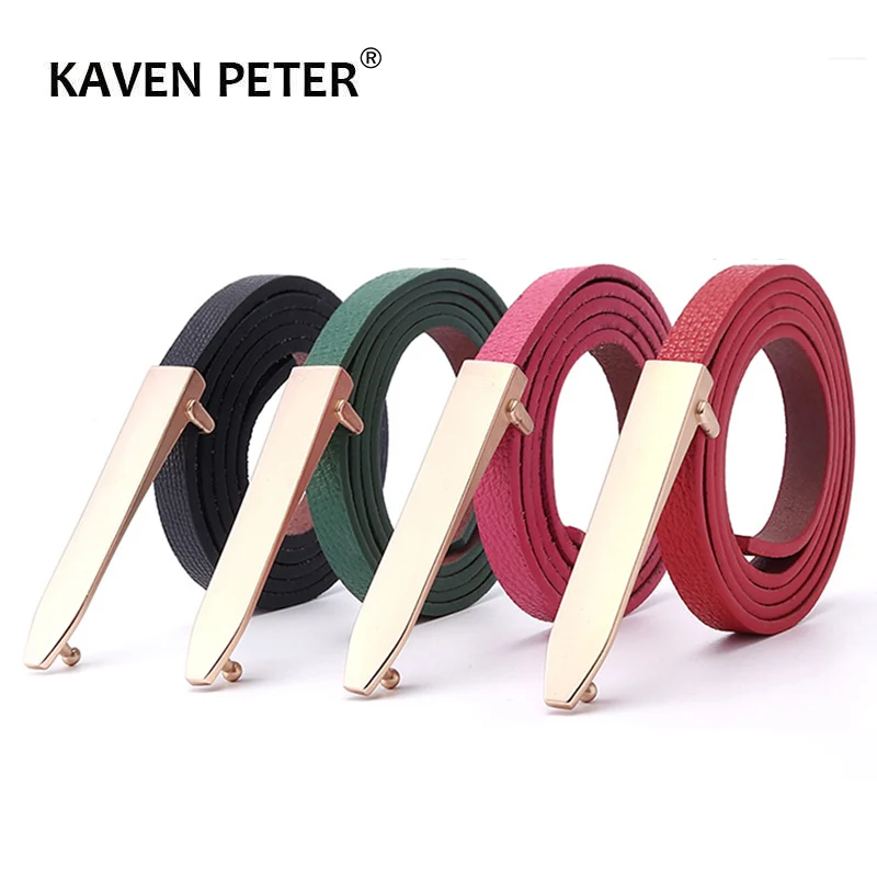 

Women Belt Long Buckle Narrow Belt Cow Genuine Leather Quality Alloy Buckle New Design Long Gold Buckle Thin Belts Four Color
