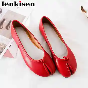 

Lenkisen full grain leather round toe slip on art design causal shoes solid mature Korean girls young women grandma flats L09