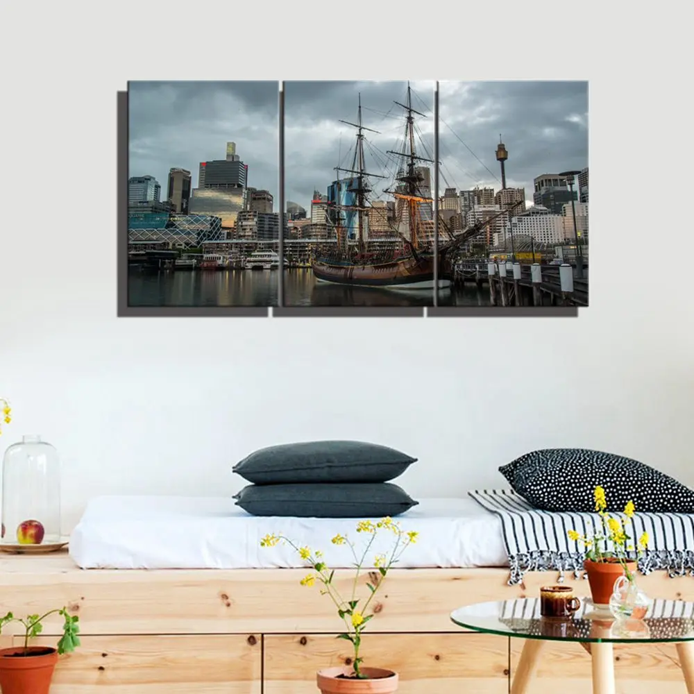 3 Panels Canvas Wall Art Boats In Harbor Seascape And Landscape Wall