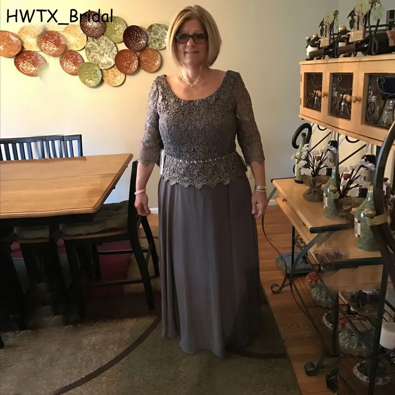 

A Line Lace Mother Of The Bride Dresses Custom Plus Size Three Quarter Sleeve Chiffon Long Prom Party Dress With Beaded Sash
