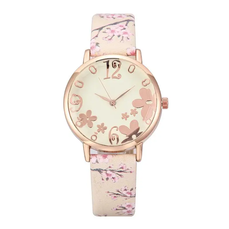 

Fashion Women Flower Quartz Watch Round Dial Floral Watch Artificial Leather Casual Watch