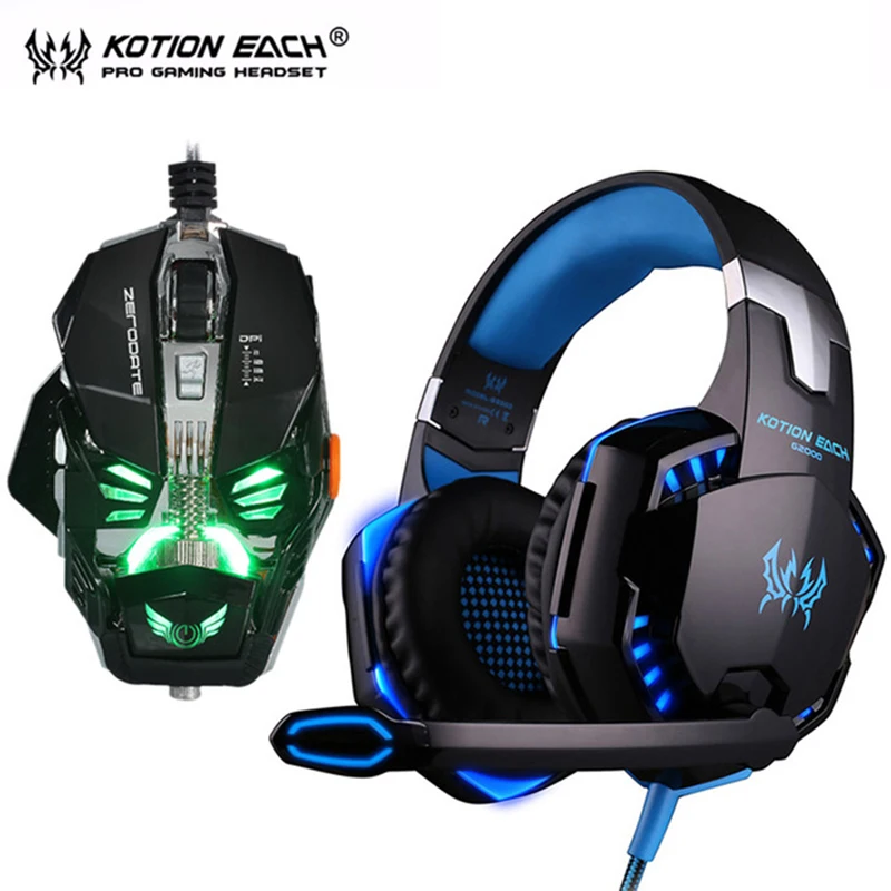 cheap Kotion Each G2000 Professional LED Bass Gaming Headphones Computer Stereo Mic Headset + Macro Programming Game Mouse for PC
