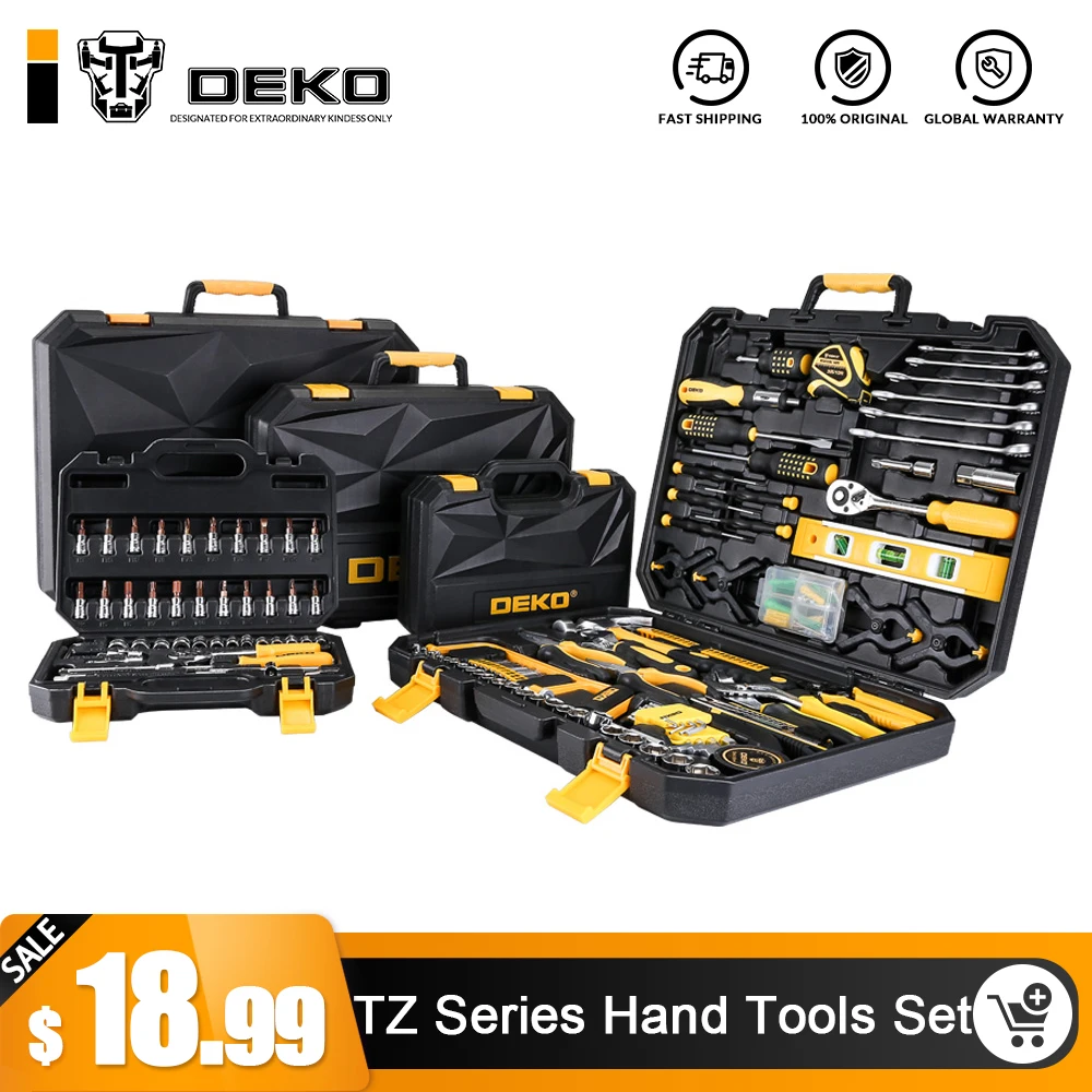 DEKO Hand Tool Set General Household Hand Tool Kit with Plastic Toolbox Storage Case Socket Wrench