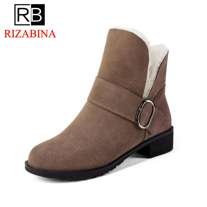 

RizaBina Vintage Women Ankle Boots Buckle Thick Fur Warm Shoes Women Winter High Heel Boots Vinatge Short Snow Boot Size 33-44