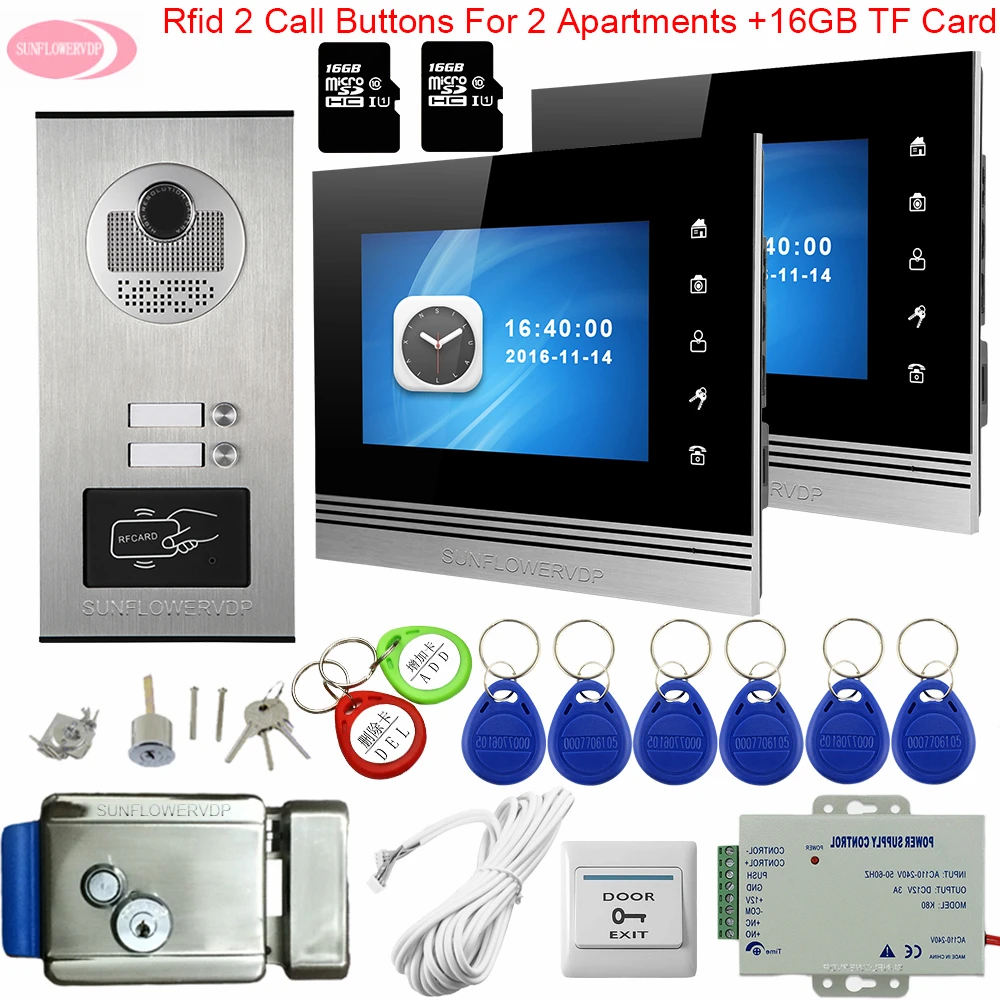 For 2/3 /4/6 Apartments 7inch Color Video Intercom With Recording +16GB TF Card RFID Doorbell With Camera + Electronic Door Lock For 2/3 /4/6 Apartments 7inch Color Video Intercom With Recording +16GB TF Card RFID Doorbell With Camera + Electronic Door Lock