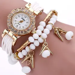 Лидер продаж Модные жемчужные роскошные часы Для женщин часы кожаный ремешок браслет часы женские кварцевые часы час reloj mujer