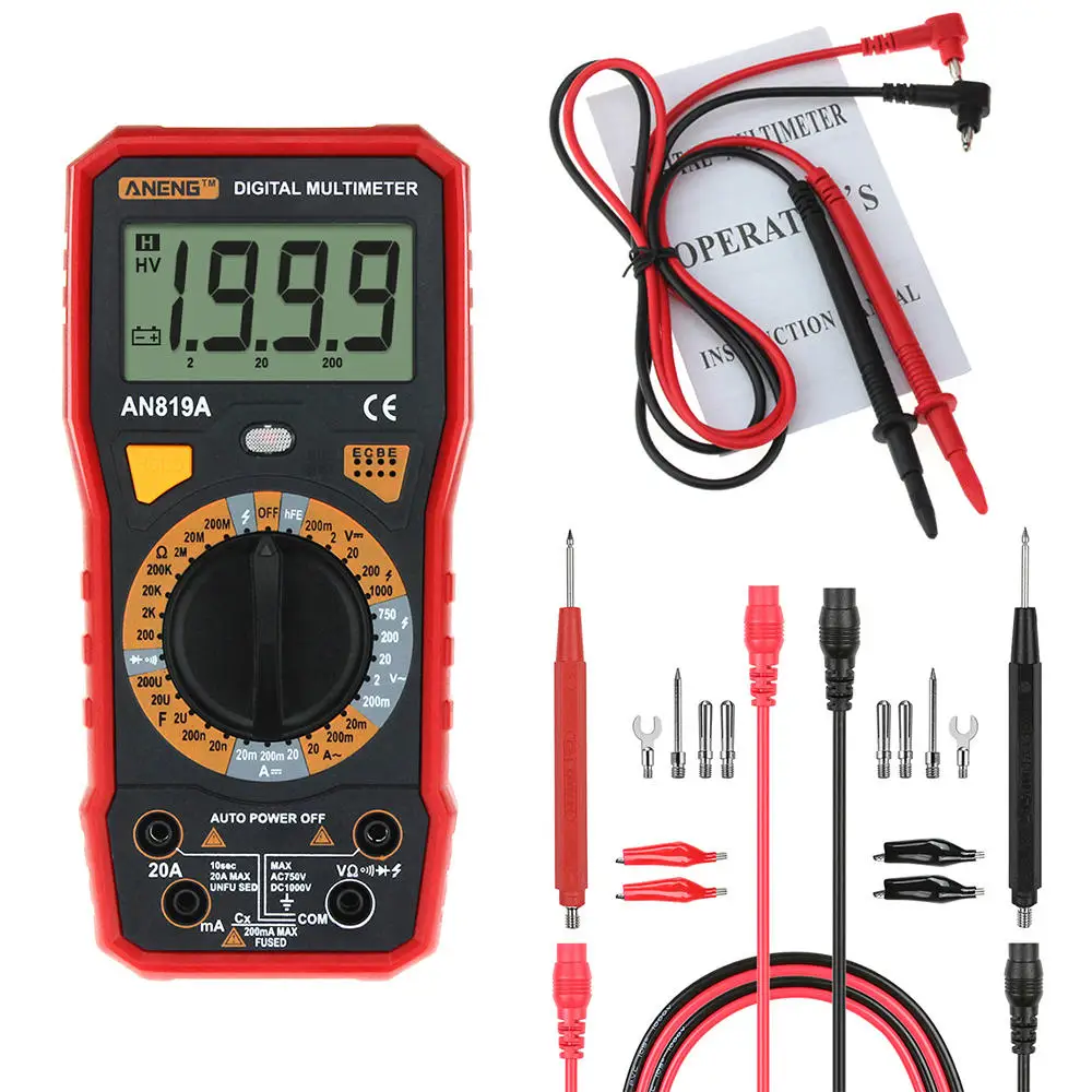 

AN819A Digital Multimeter AC/DC Voltage Ammeter Capacitance Resistance Triode Tester Current Meter + Spring clips