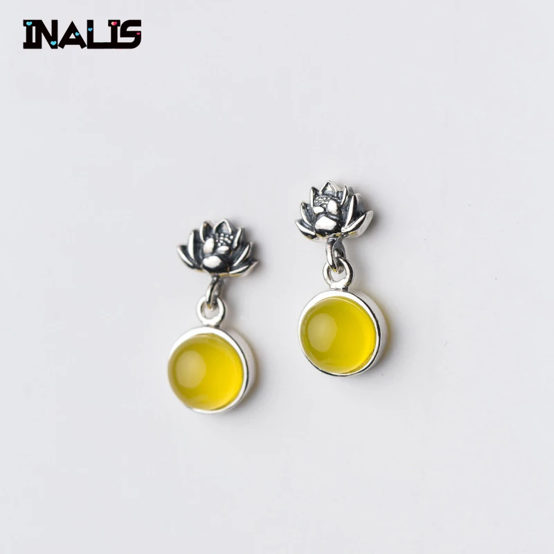 

INALIS New Statement Fine Jewelry S925 Sterling Silver Lotus with Yellow Green Natyral Crystal Dangle Drop Earrings for Women