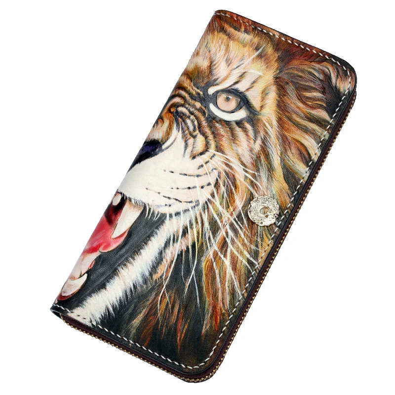Handmade Genuine Leather Wallets Carving Lion Bag Purses Women Men Long Clutch Vegetable Tanned Leather Wallet