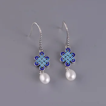 

S925 silver mana burn female fashion national wind restoring ancient ways Chinese knot tassel wholesale pearl earrings