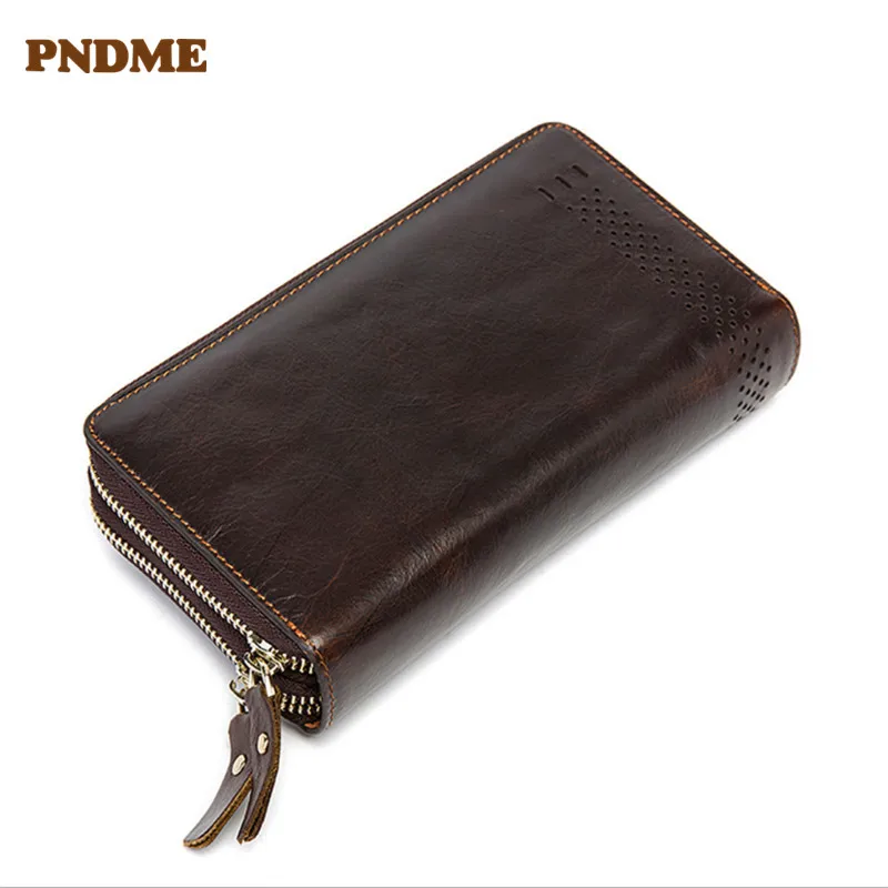 

PNDME genuine leather men's clutch bag long wallet Top layer Cowhide multi-card wallet portable Coin Purses ID Holders