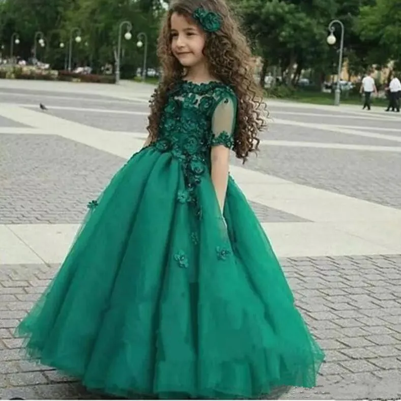 New Green Sheer Jewel Neck 3D Floral Flowers Girls Dresses Crew Neck Short Sleeve Kids Pageant Gowns size 2-16Y