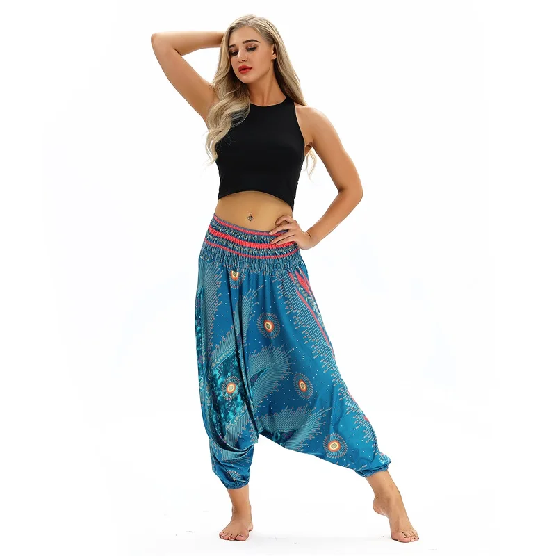 capri dress W-Yunna Ladies Women Beach Pants Trousers Boho Gypsy Hippie Women Wide Leg Harem Peacock Feather Print Elastic Pants Trousers plus size clothing