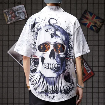 

AreMoMuWha Super Fire Net Red Skull Print Loose Baseball Uniform Summer Chic Korean Wind Men and Women Hip Hop Sleeve ShirtQX699