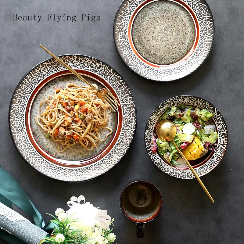 

Creative ceramic tableware European cup dishes set retro Western dishes home dishes shallow mouth bowl soup bowl breakfast cup