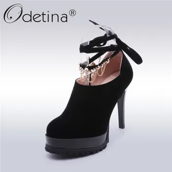 

Odetina New Fashion Women Ankle Strap Pumps Platform Extreme High Heels Sexy Party Shoes Ladies Chain Round Toe Dress Pumps
