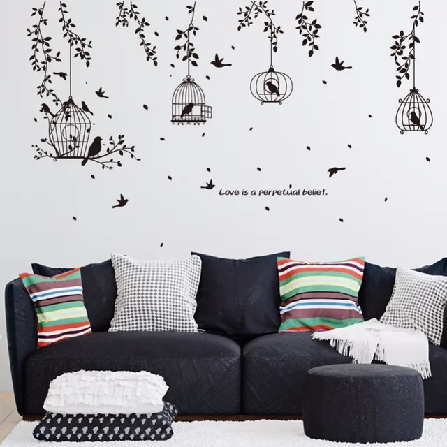 black bird cage and leaves silhouette patterns pvc wall stickers tv
