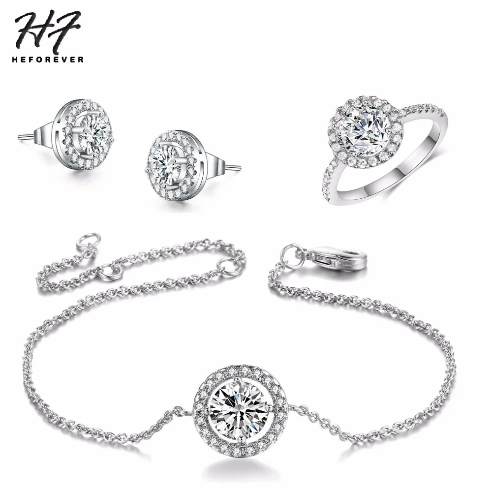 

S415 S417 Luxury Silver Rose Gold Color Wedding Jewelry Bracelet Earring Ring Set Made with AAA Cubic Zircon Element Crystals