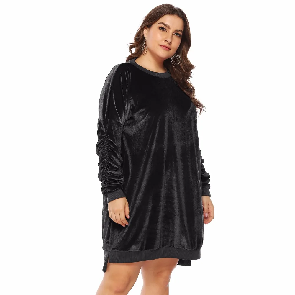 PGSD Autumn winter Big size Stacked elastic sleeve O-neck casual Solid Loose T-shirt dress female Plus Pullover Women clothes