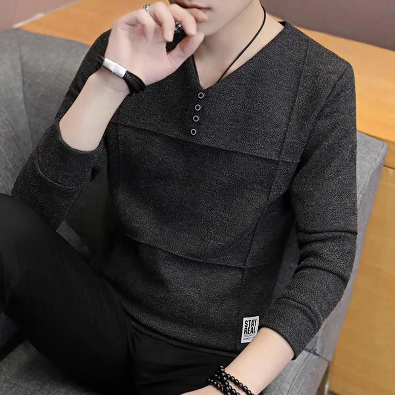 2019 Spring New V Neck fashion T Shirt Men Long Sleeve T-shirts Vintage Slim Fit Casual Streetwear maleclothes Plus Size 3XL