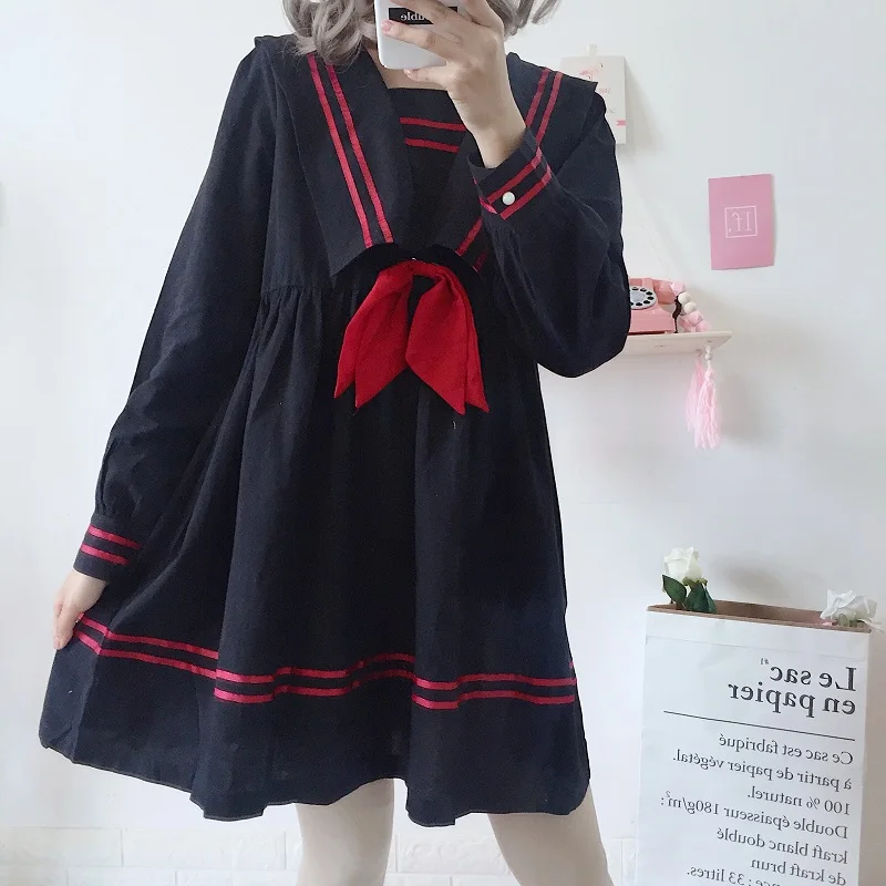 Spring and summer new women's Korean Sailor Collar long sleeved loose thin bow students long