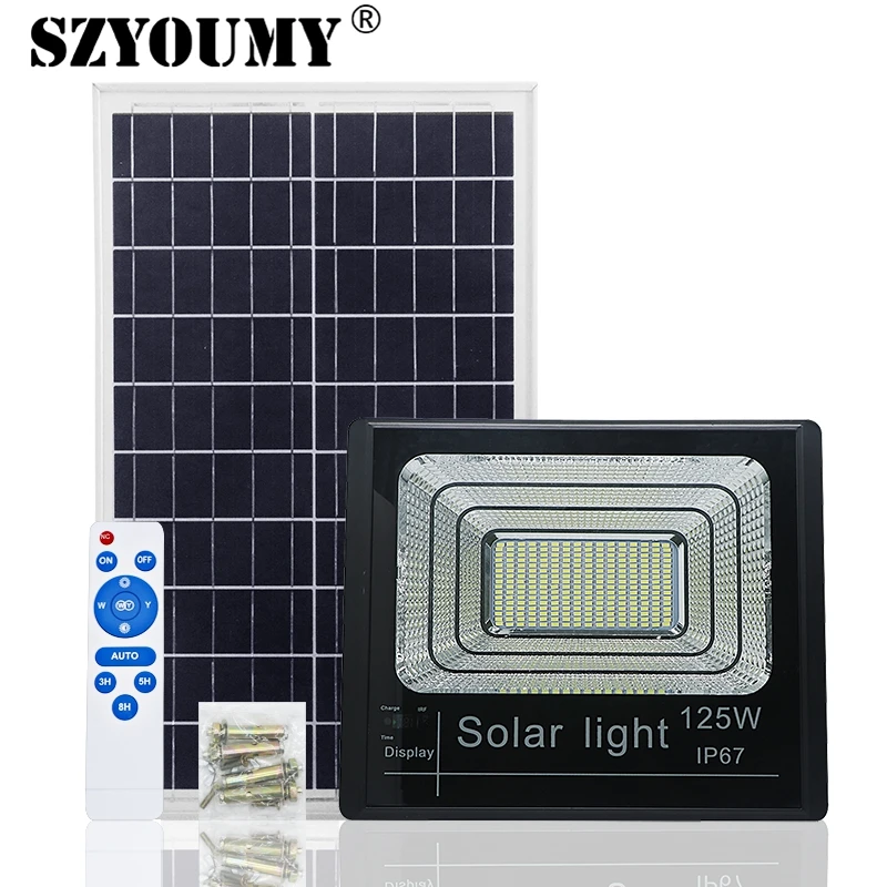 SZYOUMY Открытый Солнечный светодиодный прожектор 65 Вт 125 светодиодный индикатор прожекторы Солнечный прожектор с зарядки дисплей