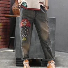 Женские джинсы с вышивкой для девочек джинсовые брюки Ретро Винтажные повседневные длинные большие свободные отбеленные для осени и зимы AZ29203317