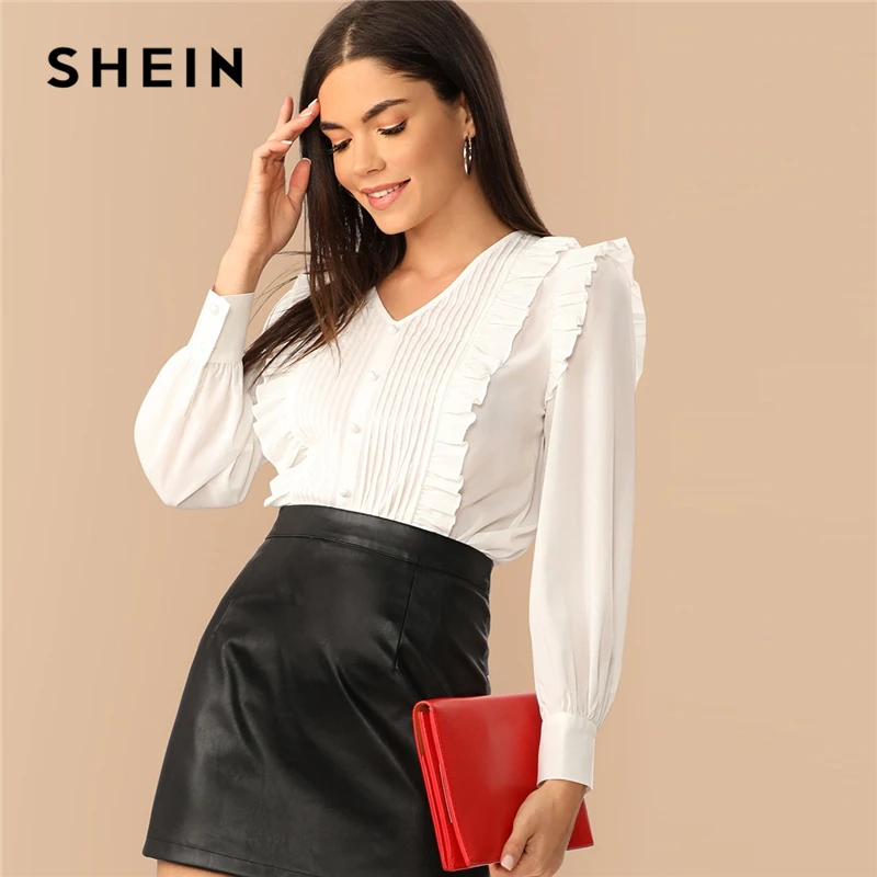 

SHEIN Elegant White Ruffle Detail Single Breasted V-neck Top Bishop Sleeve Blouse Women Spring 2019 Solid Office Lady Blouses