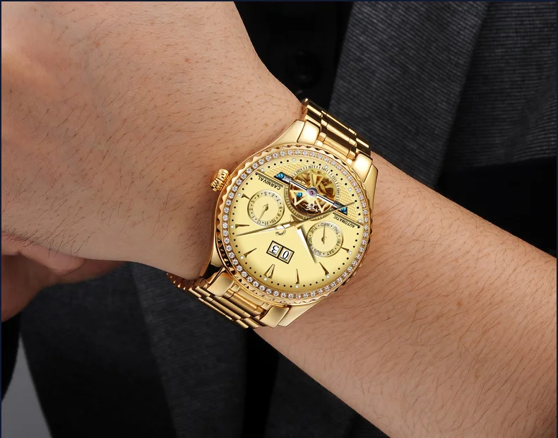 Карнавальные модные полностью автоматические механические часы с вырезом, мужские водонепроницаемые светящиеся золотые мужские часы 8731