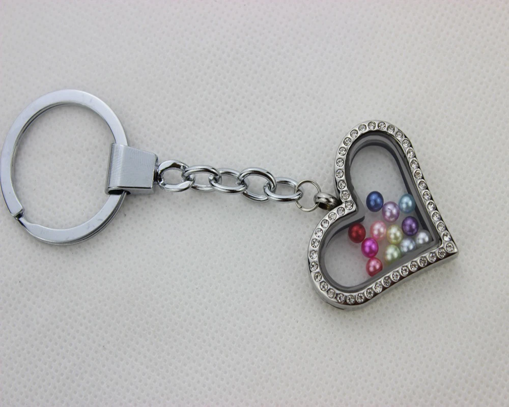 2 Styles Crystal Living Floating Locket Keychains DIY Stainless Steel
