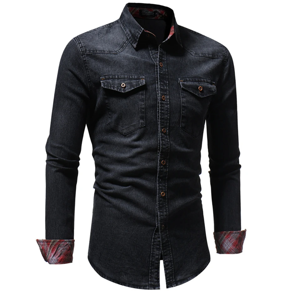 Весна-Осень, Высококачественная джинсовая рубашка, мужская повседневная приталенная рубашка с длинным рукавом и карманом, черная, синяя, Hombre блуза D2866