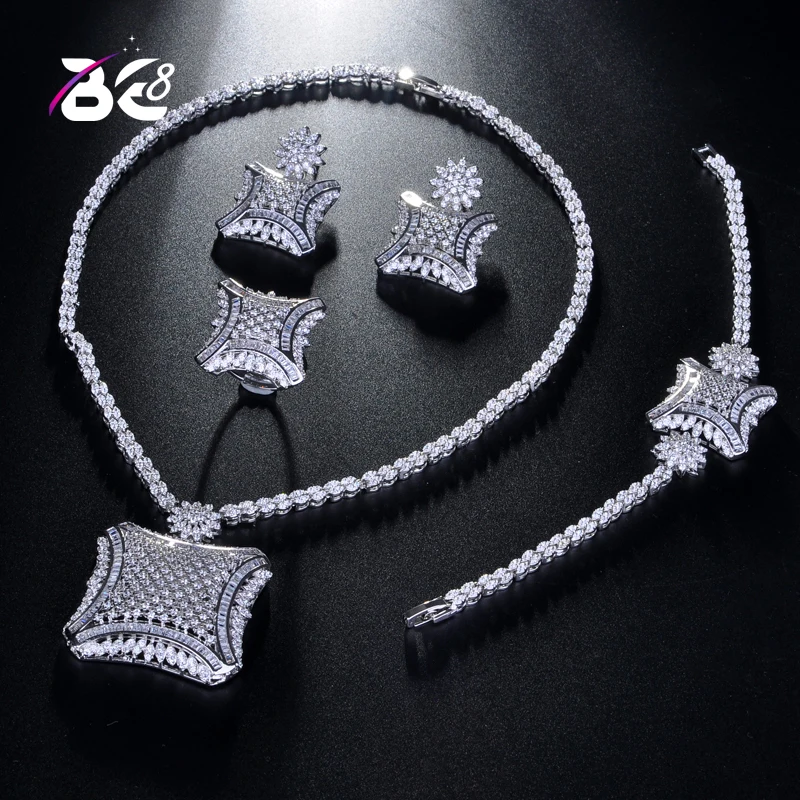 

Be 8 Fashion Women's Wedding Bracelet Necklace Jewelry Set AAA Cubic Zirconia Square Shape Ring Earrings Bijoux Femme S221