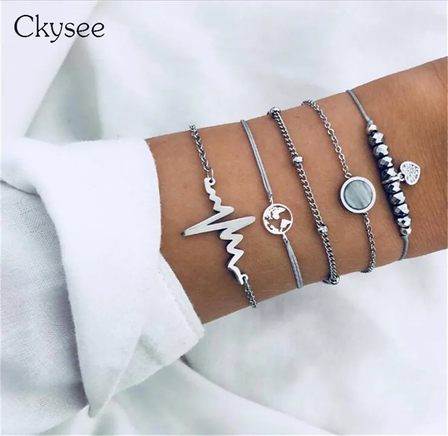 

Ckysee 5Pcs/set Bohemian Vintage Alloy Hollow World Map Heart Heartbeat Charm Bracelet Set Women Crystal Beads Bracelet 2019