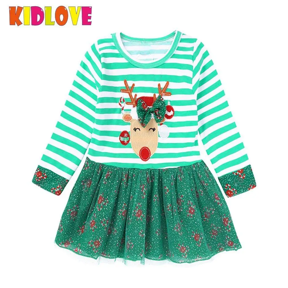 Kidlove маленьких Обувь для девочек зеленый рождественское платье Мягкий Хлопок Полосатый Принцесса оленей сетки Пышное Платье с Лось