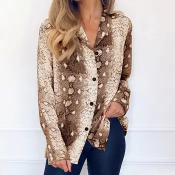 

New Women Snake Print Top Long Sleeve V-Neck Autumn Chiffon Casual Buttom Casual Blouse