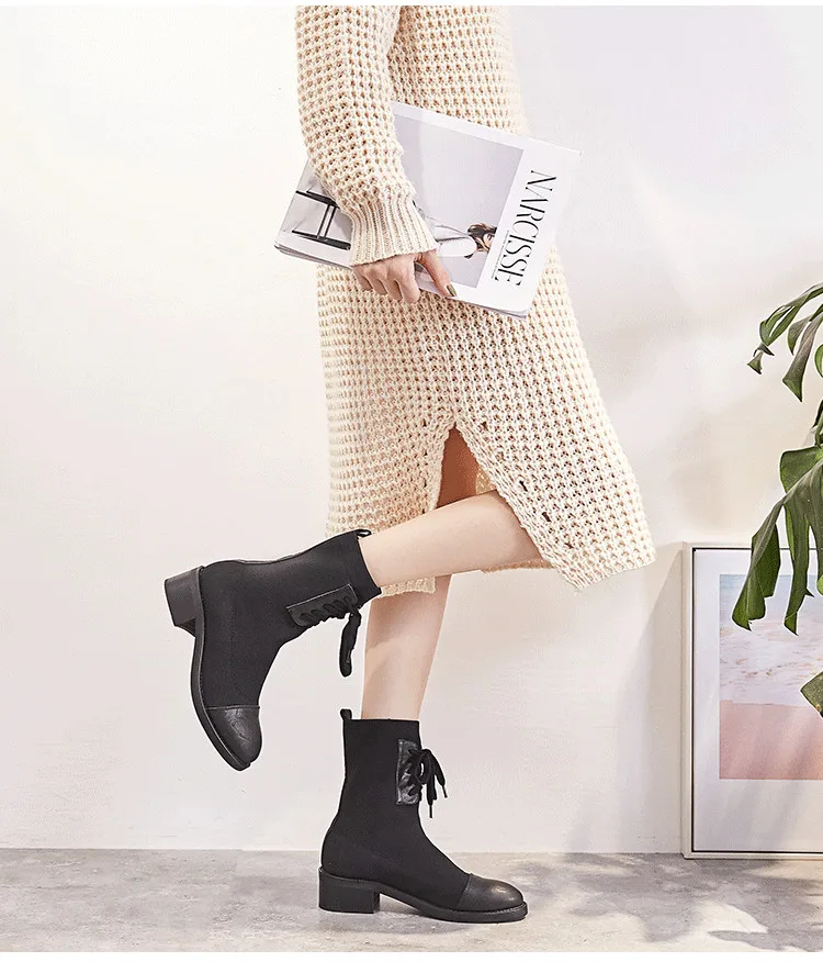 Осенне-зимняя модная женская обувь женские эластичные вязаные ботинки на толстом каблуке с круглым носком на шнуровке