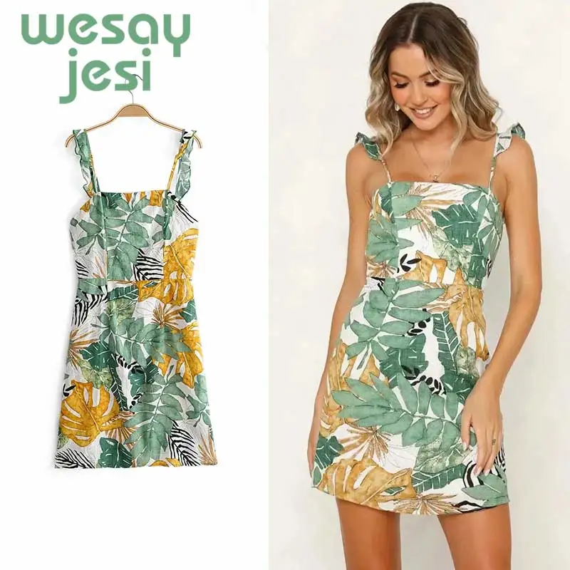 

Women sexy Sling Backless Dress Tree Leaf Flower Print sleeveless Green Ruffle Dress Party Summer beach Dress 2019